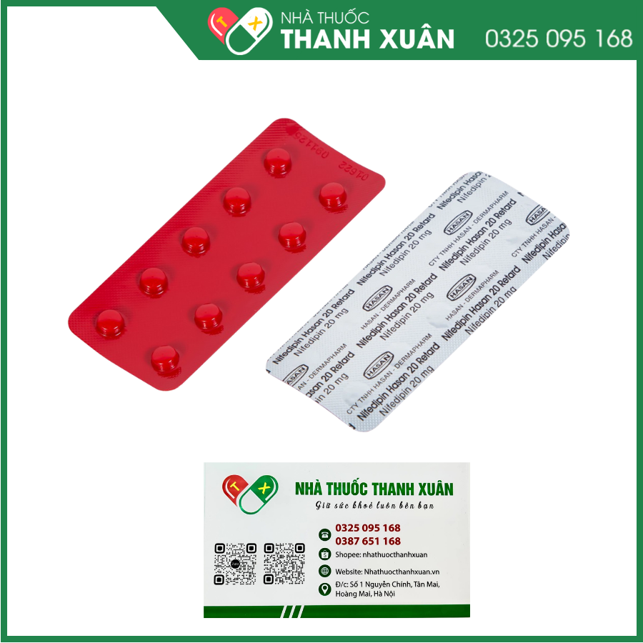 Nifedipin Hasan 20 Retard trị tăng huyết áp, đau thắt ngực